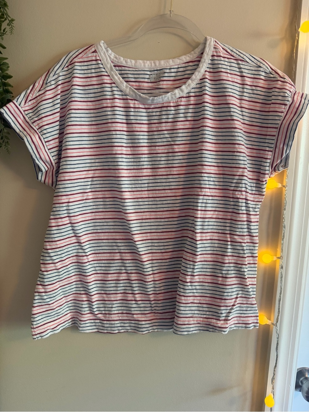 Lands' End Women's White Tee with Pink & Navy Stripes